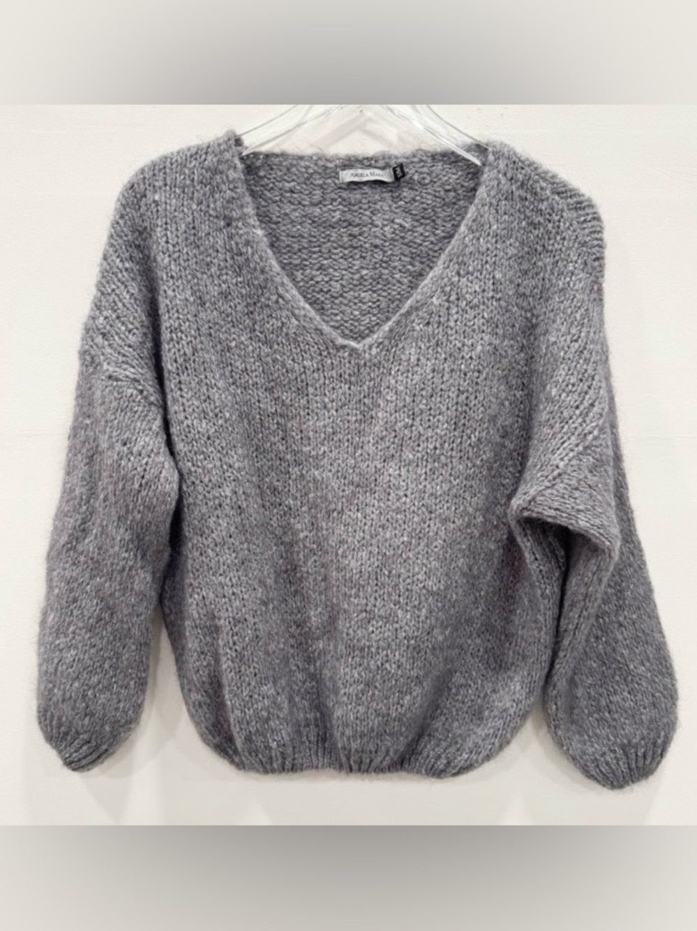 Angela Mara Mohair Wool Blend Knit Sweater V-Neck S/M Grey